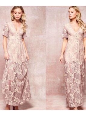Promesa Ditsy Blush Pink Floral Lace Mesh Overlay V-Neck Maxi Dress Size Small